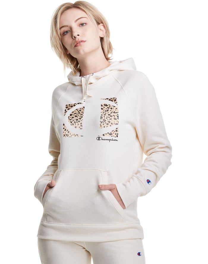 Champion Womens Hoodie NZ - Powerblend Fleece Leopard Colorblock Logo White ( 2873-LORIJ )